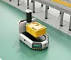 Self driving AGV (Automatic guided vehicle) with forklift carrying container box near to conveyor. 3D rendering image.