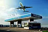 Fuel cell bus at the hydrogen filling station and airplane in th