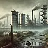 KI-generierters Symbolbild zur desolaten Lage der Chemieindustrie in Deutschland, schmutzige und verfallende Anlagen in grau und rostbraun