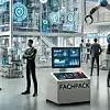 Mensch steht zwischen Roboterarmen auf Messestand der Fachpack