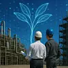 Zwei Projektmitarbeiter mit Schutzhelmen stehen vor einer riesigen Chemieanlage und blauem Hintergrund mit einer Blätterpflanze