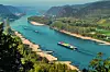 Drought in Germany, low water of the Rhine river in andernach near koblenz influending water transport freight ships