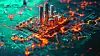 An industrial cityscape blended with a circuit board background.