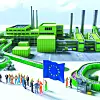 Industriegebäude mit Mitarbeitenden und Europaflagge im Vordergrund