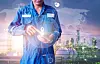 Schmuckbild Automatisierung, Person im Blauen Overall ruft digitale Informationen ab, Raffinerie im Hintergrund