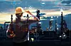 Double exposure of Engineer with oil refinery industry plant background, industrial instruments in the factory and physical system icons concept, Industry 4.0 concept image