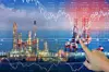 Stock market concept with oil rig in the gulf and oil refinery industry background,Double exposure