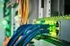 The network wires are connected to the managed switch. Green indication on ports of Internet equipment. A bunch of blue patchcords are included in the ports of the network hub. Selective focus