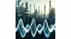 Modify the previous image of a fading oscillation wave in front of a blurred chemical plant, so that the wave starts high on the left side and gradual