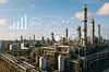 KI-generiertes Symbolbild: Eine moderne Chemieanlage im Sonnenlicht, mit klaren Rohrleitungen, Tanks und Gebäuden, im Hintergrund ein Himmel mit leichter Wolkenstimmung. Im Vordergrund transparente, digital wirkende Overlays wie Diagramme oder Datenströme, die Umweltindikatoren symbolisieren.