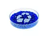 Blaues PET-Granulat in Petrischale mit Recycling-Symbol (Rohstof