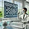 AI generated image: A modern chemistry laboratory focused on sustainability, featuring a clean workbench with laboratory glassware, test tubes, and polymer samples. A researcher wearing a white lab coat and safety goggles is examining a test tube filled with a clear liquid. In the background, a monitor displays the words 'PFAS-free Additives' alongside a molecular diagram. The scene is well-lit with natural light streaming in through large windows, with green plants visible outside, symbolizing an eco-friendly approach.