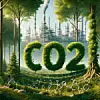 CO2-Schriftzug in einem Wald vor einem Chemiekomplex