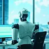 A futuristic office scene depicting a robot working on a compute