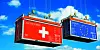 Shipping containers with flags of Switzerland and European Union