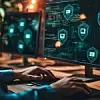 Person working on cybersecurity with multiple monitors displayin