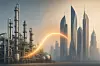 Stilisiertes Bild einer europäischen Chemieanlage links und der modernen Skyline von Abu Dhabi rechts, verbunden durch ein sanft leuchtendes Lichtband, das eine internationale Unternehmensübernahme symbolisiert.