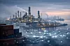 Industriehafen mit großem Chemiewerk im Dunst der Morgendämmerung; im Vordergrund Containerstapel, darüber eine grafische Overlay-Darstellung von Handelsrouten und Zollprozenten als Symbol für gestörte globale Lieferketten.