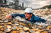Arbeiter mit Helm schwimmt in einem Strom aus Euro-Münzen vor Industriekulisse