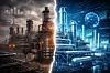 Geteilte Industrieanlage: links rauchig und grau, rechts blau leuchtend und digitalisiert.