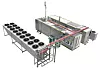 Isometrische 3D-Grafik einer Container-Kälteanlage mit Lüftermodulen und Rohrleitungen.