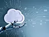 Robot hand holding white cloud icon with circuit board background, symbolizing AI cloud technology, artificial intelligence, cloud computing, automation, data storage, and digital transformation.