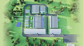 3D-Plan eines Industriekomplexes mit Hallen, Straßen und Solarfeldern in Landschaft.