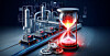 Futuristische Fabrik mit roten Lichteffekten und großer leuchtender Sanduhr im Vordergrund.