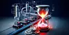 Futuristische Fabrik mit roten Lichteffekten und großer leuchtender Sanduhr im Vordergrund.