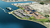 Luftaufnahme einer Industrieanlage mit Lagertanks, Leitungen und Hafen an der Küste.