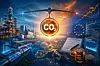 Symbolische Illustration zum europäischen Emissionshandel: Ein leuchtendes CO₂-Symbol hängt an einer Waage zwischen einer modernen Industrieanlage mit Wasserstoff- und Carbon-Capture-Infrastruktur sowie Symbolen für EU-Regulierung, CO₂-Zertifikate und steigende CO₂-Preise. Das Motiv veranschaulicht den Zielkonflikt zwischen Klimaschutz, Wettbewerbsfähigkeit und industrieller Transformation.