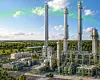 Große Industrieanlage mit hohen Metalltürmen und Rohrleitungen in einer offenen Landschaft.