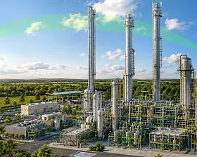 Große Industrieanlage mit hohen Metalltürmen und Rohrleitungen in einer offenen Landschaft.