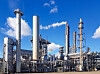 Large-capacity workshop for the production of ammonia of a petrochemical plant. Exterior of tube furnace, Shaft converter, CO2 adsorber with copy space
