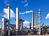 Large-capacity workshop for the production of ammonia of a petrochemical plant. Exterior of tube furnace, Shaft converter, CO2 adsorber with copy space