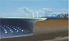 Schnittbild eines Offshore-Windparks mit Windrädern, Seekabeln und unterirdischer Stromleitung.