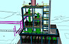 Mehrstöckiges 3D-CAD-Modell mit Gerüst, Leitungen und technischen Komponenten auf hellem Hintergrund.