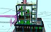 Mehrstöckiges 3D-CAD-Modell mit Gerüst, Leitungen und technischen Komponenten auf hellem Hintergrund.