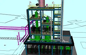 Mehrstöckiges 3D-CAD-Modell mit Gerüst, Leitungen und technischen Komponenten auf hellem Hintergrund.