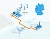 Bausteine des GET H2 Nukleus in der Übersicht; Schematische Grafik mit verbundenen Energieanlagen und einer blauen Karte im Hintergrund.