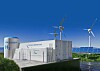 Modell einer Wasserstoffanlage vor blauem Himmel, daneben Windräder und Solarmodule.