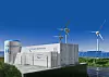 Modell einer Wasserstoffanlage vor blauem Himmel, daneben Windräder und Solarmodule.