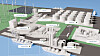 Architekturmodell eines Industriekomplexes mit Gebäuden, Rohrleitungen und Tanks auf einer Tischfläche.