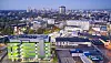 Luftaufnahme des Evonik-Standorts Goldschmidtsraße in Essen mit Campusgebäude und Industrieanlagen.