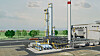 Industrieanlage mit hohen Rohrleitungen, technischen Anlagen und Freiflächen vor grünem Hintergrund.