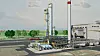 Industrieanlage mit hohen Rohrleitungen, technischen Anlagen und Freiflächen vor grünem Hintergrund.