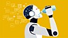 Illustration eines Roboters mit Wasserflasche vor gelbem Hintergrund zum Thema KI und Wasserverbrauch.