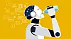 Illustration eines Roboters mit Wasserflasche vor gelbem Hintergrund zum Thema KI und Wasserverbrauch.